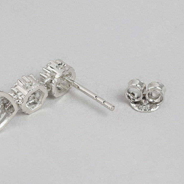 Dazzling Bloom Rhodium-Plated Drop Earrings with Dark Pink and White CZ