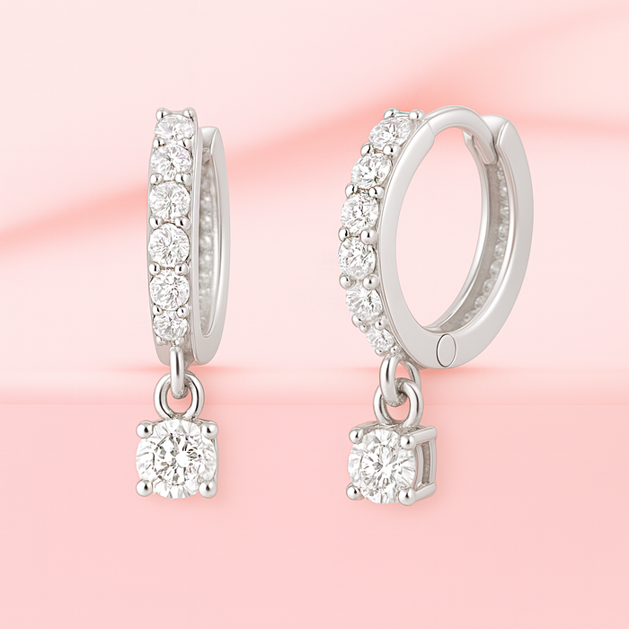 Dazzling Solitaire Drop Rhodium-Plated 925 Silver Huggie Earrings
