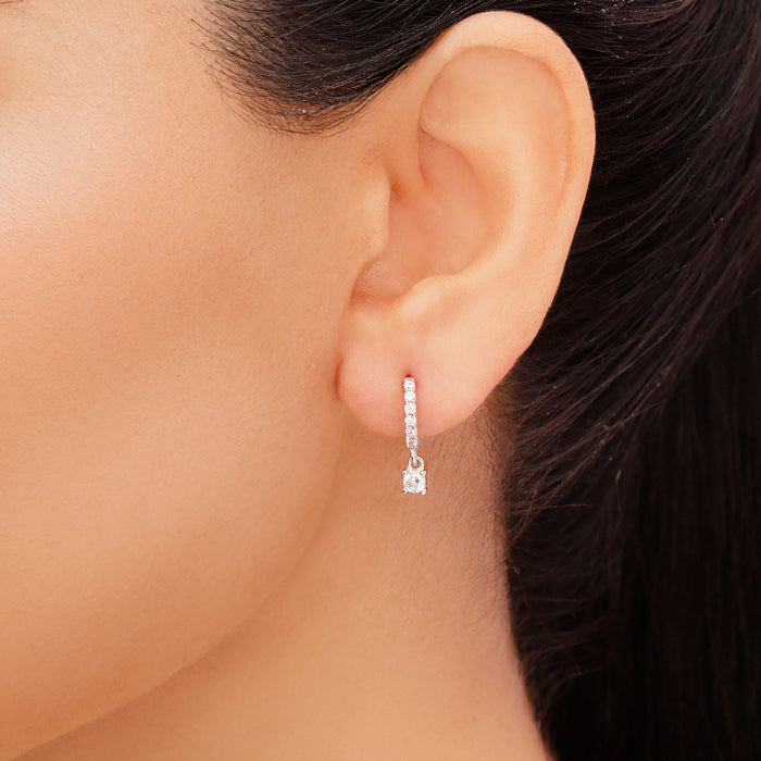 Dazzling Solitaire Drop Rhodium-Plated 925 Silver Huggie Earrings