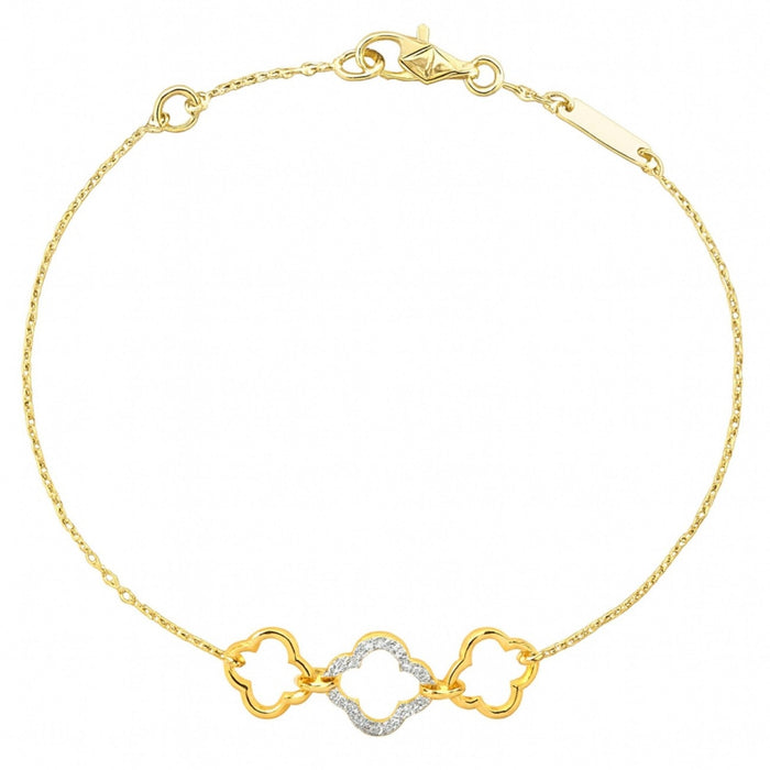 Gold plated 925 Sterling Silver bracelet with three open clovers, the middle one studded – Zavya
