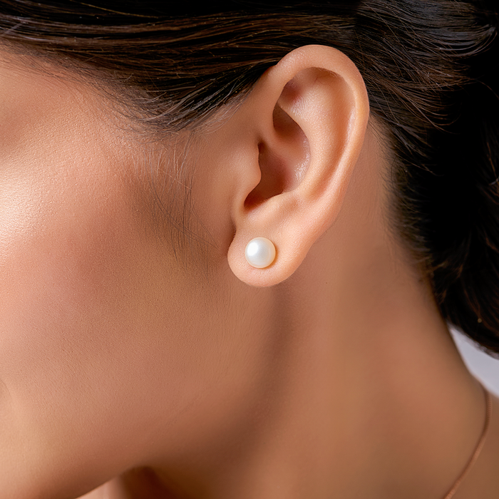 Delicate Dot Pearl Rose Gold Plating 925 Silver Stud Earrings (8mm Pearl )
