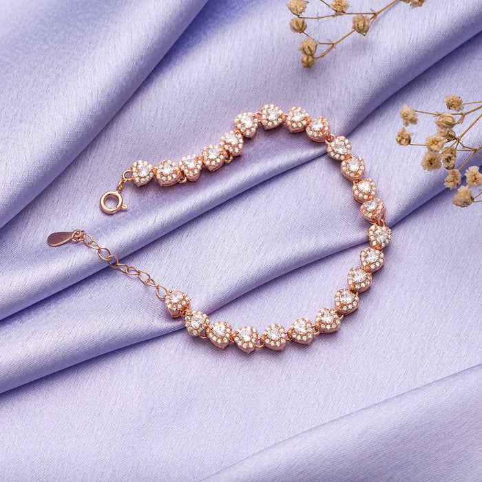 Designer 925 Sterling Silver Rose Gold Heart Bracelet Shine with Cubic Zirconia