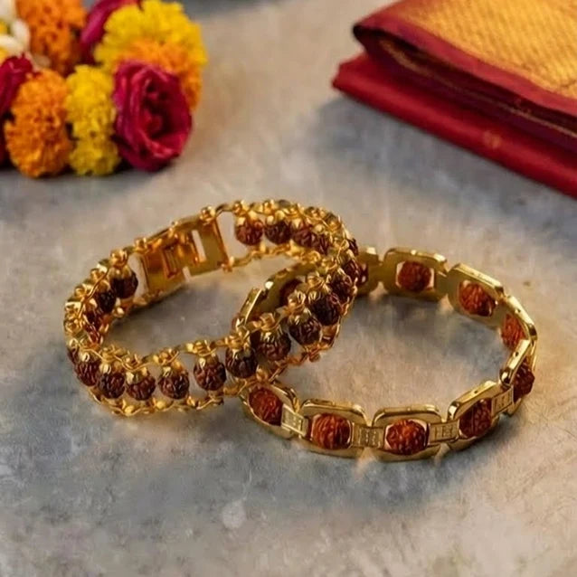 Dhana-Lakshmi Sangam: Square Gold-Plated Rudraksha & Rudraksha Chain Bracelet Combo