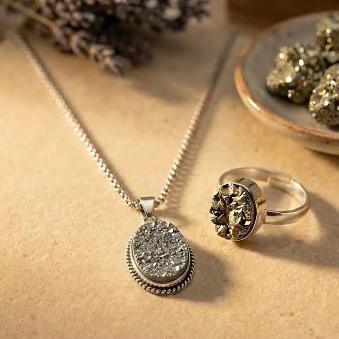 Dhanam Pyrite Combo: Raw Stone Ring & Manifestation Pendant