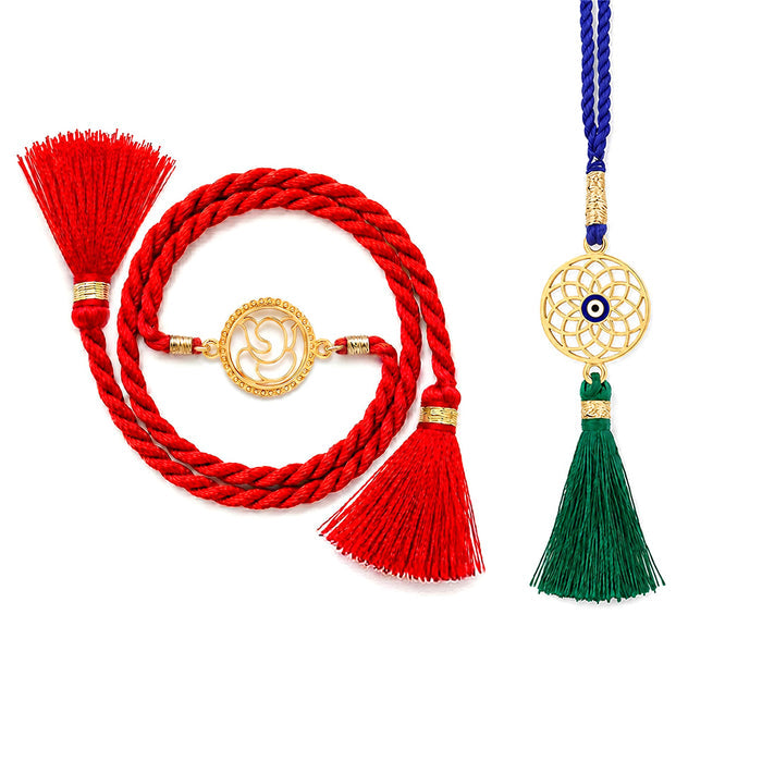 Divine Abstract Ganesha Gold Plated Silver Rakhi and Evil Eye Lumba Combo