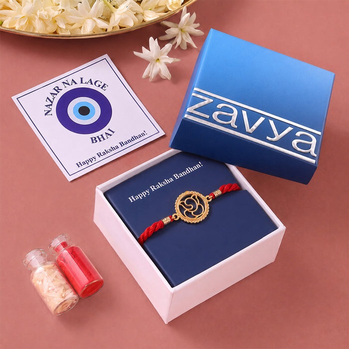 Divine Abstract Ganesha Gold Plated Silver Rakhi and Evil Eye Lumba Combo