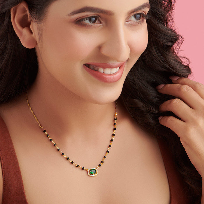 Divine Charm 925 Sterling Silver Mangalsutra with Green CZ and Beads in Gold Plating