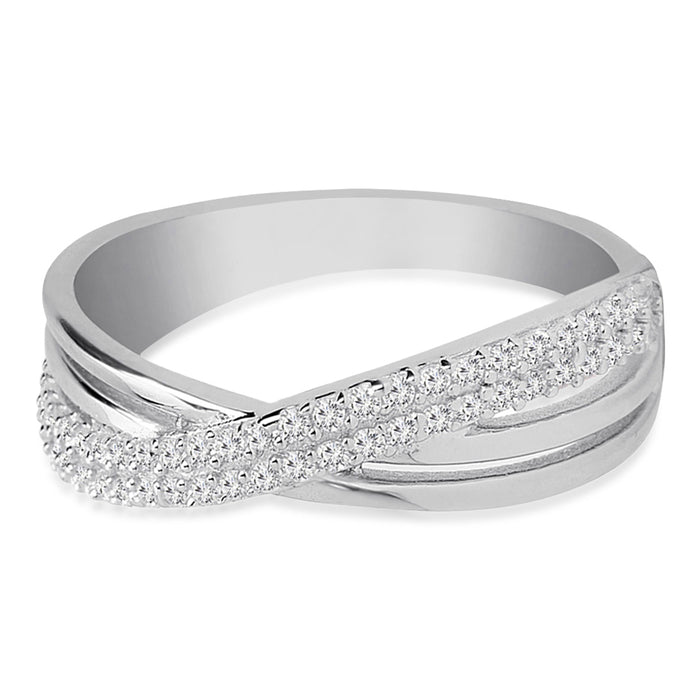 925 Sterling Silver women's ring featuring intertwined polished and sparkling stone-studded bands. – Zavya