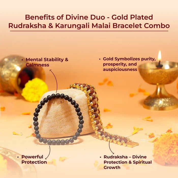 Divine Duo - Gold Plated Rudraksha & Karungali Malai Bracelet Combo - view 3