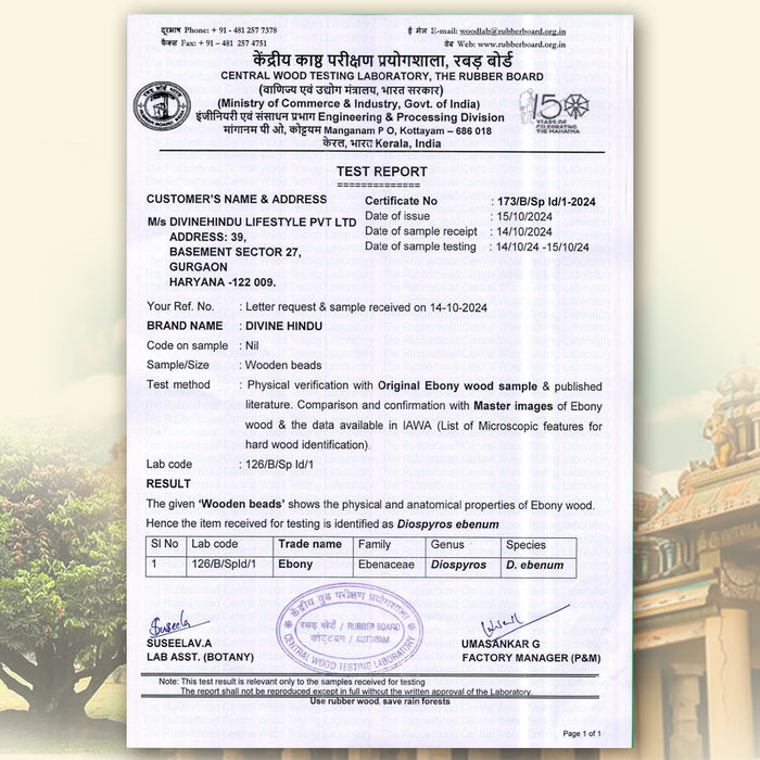 Divine Hindu government lab certification for Karungali ebony wood