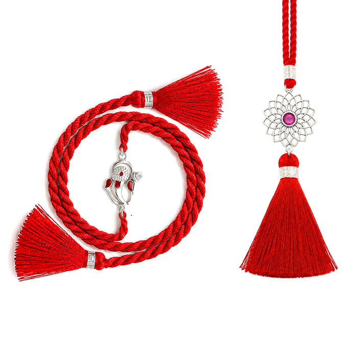 Divine Ganesha Blessings Silver Rakhi and Floral Lumba Combo