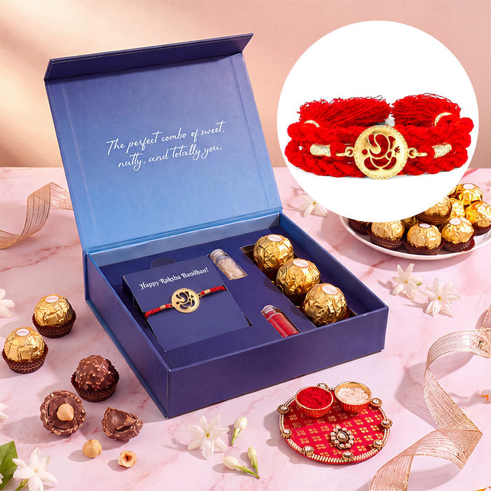 Divine Ganesha Gold Plated 925 Silver Rakhi Ferrero Rocher Gift Hamper
