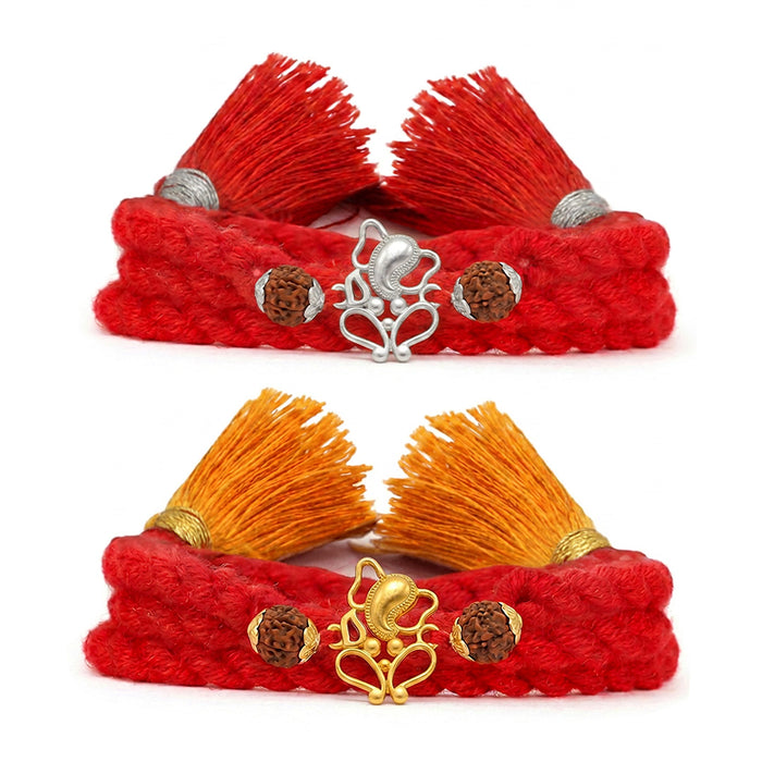 Divine Ganesha & Rudraksha Gold-Plated and Rhodium 925 Silver Rakhi Combo