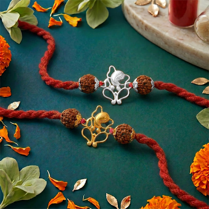 Divine Ganesha & Rudraksha Gold-Plated and Rhodium 925 Silver Rakhi Combo