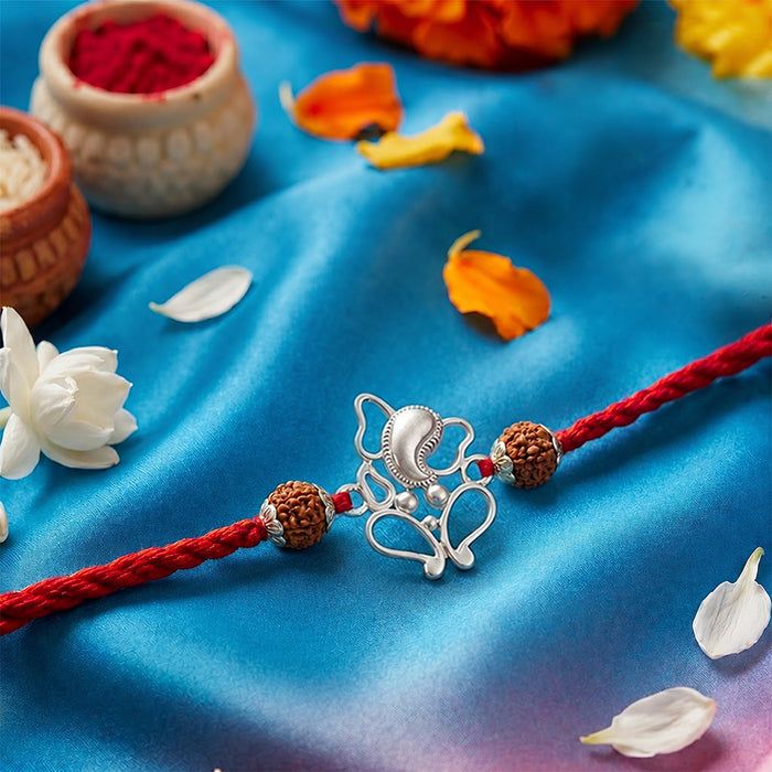 Divine Ganesha & Rudraksha Gold-Plated and Rhodium 925 Silver Rakhi Combo