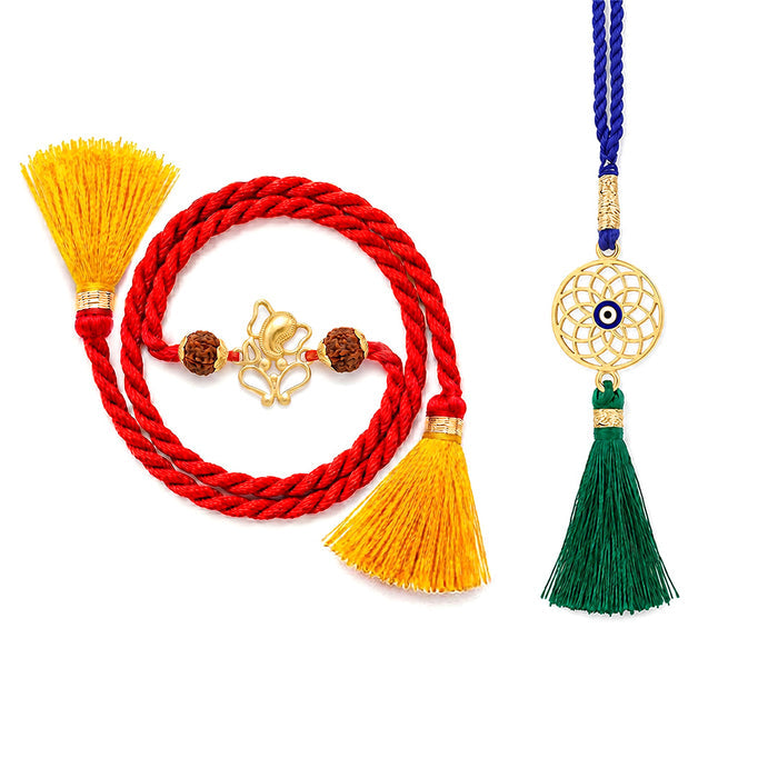 Divine Ganesha & Rudraksha Gold-Plated Silver Rakhi Evil Eye Lumba Combo