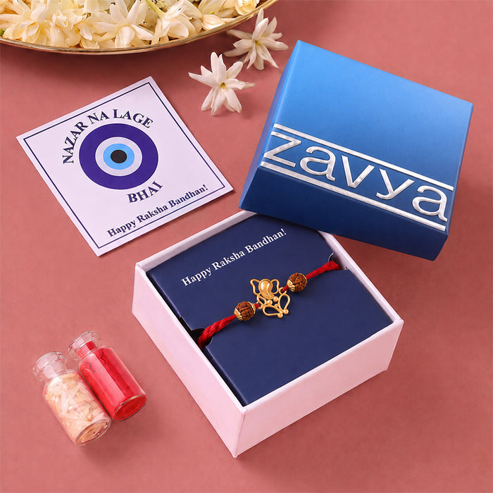 Divine Ganesha & Rudraksha Gold-Plated Silver Rakhi Evil Eye Lumba Combo