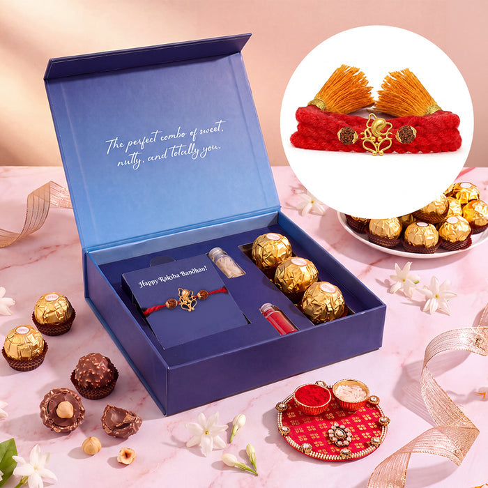 Divine Ganesha & Rudraksha Gold-Plated Silver Rakhi Ferrero Rocher Gift Hamper