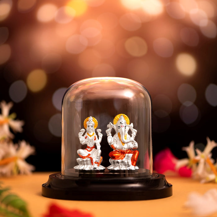 Divine Harmony Rhodium-Plated 999 Silver Ganesh & Lakshmi Ji Idol