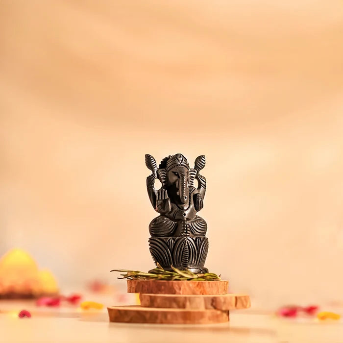 Divine Hindu Lord Ganesh Karungali Idol with Lotus Base– Ebony Wood