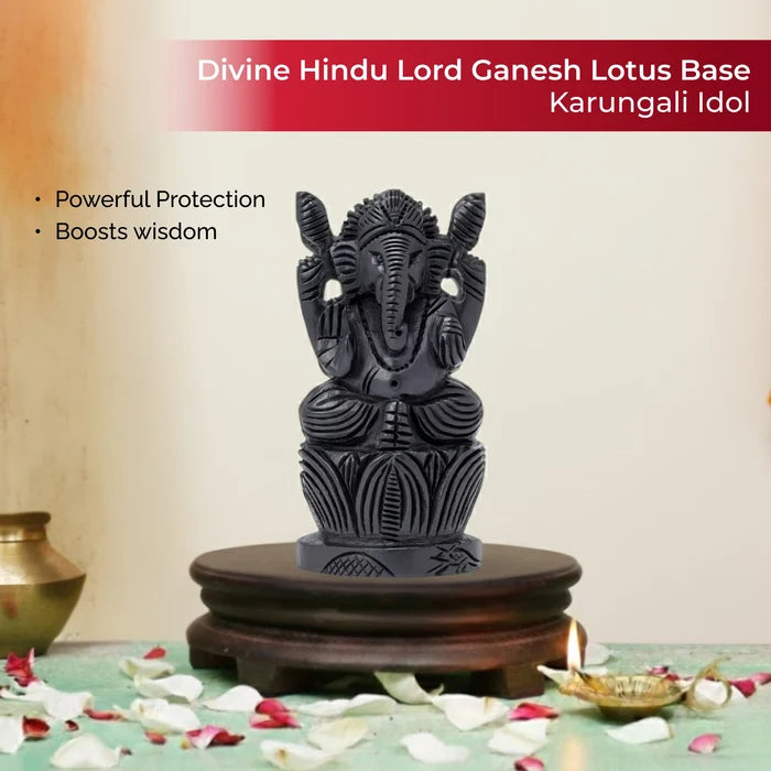Divine Hindu Lord Ganesh Karungali Idol with Lotus Base– Ebony Wood