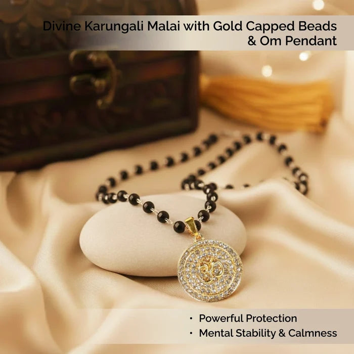 Divine Karungali Malai with Gold Capped Beads & Om Pendant - view 2