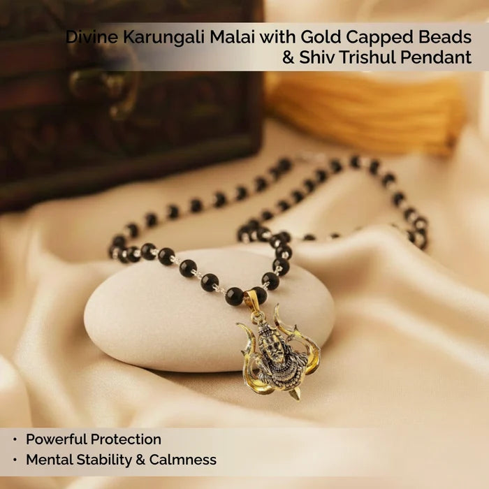 Divine Karungali Malai with Gold Capped Beads & Shiv Trishul Pendant - view 2