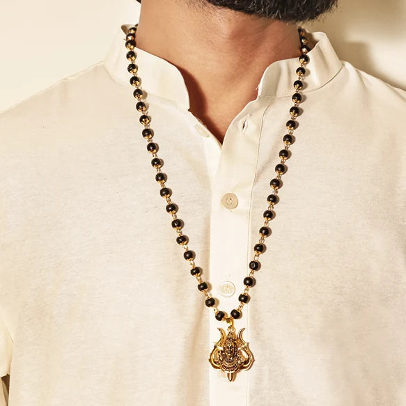 Divine Karungali Malai with Gold Capped Beads & Shiv Trishul Pendant - view 3