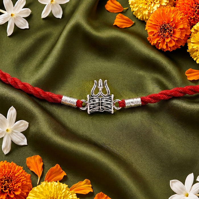 Divine Lord Shiva Trishul Rakhi With White Stones Rhodium-Plated Sterling Silver Thread Rakhi For Him