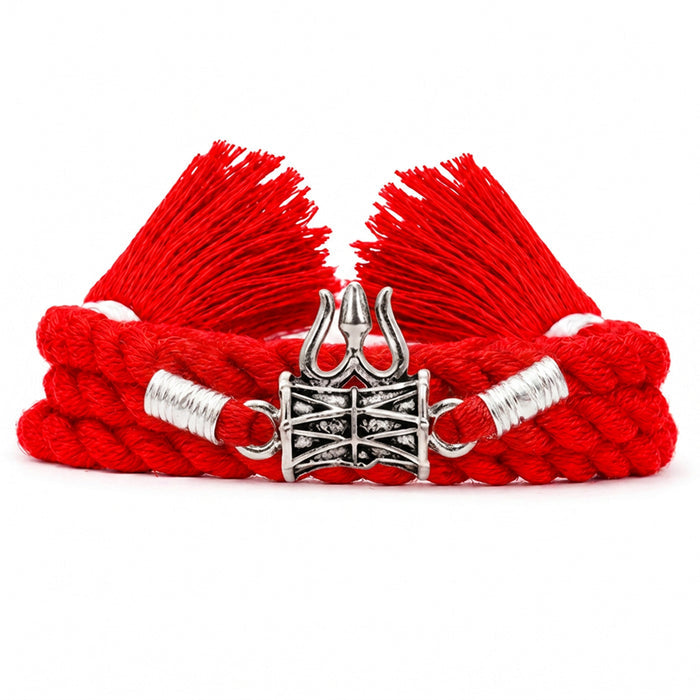 Divine Lord Shiva Trishul Rakhi With White Stones Rhodium-Plated Sterling Silver Thread Rakhi For Him