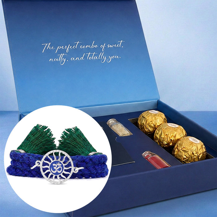 Divine Om Chakra Blue Enamel Silver Rakhi Ferrero Rocher Gift Hamper