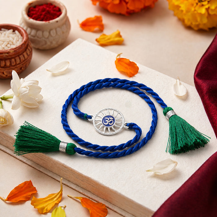 Divine Om Chakra Blue Enamel Silver Rakhi Ferrero Rocher Gift Hamper