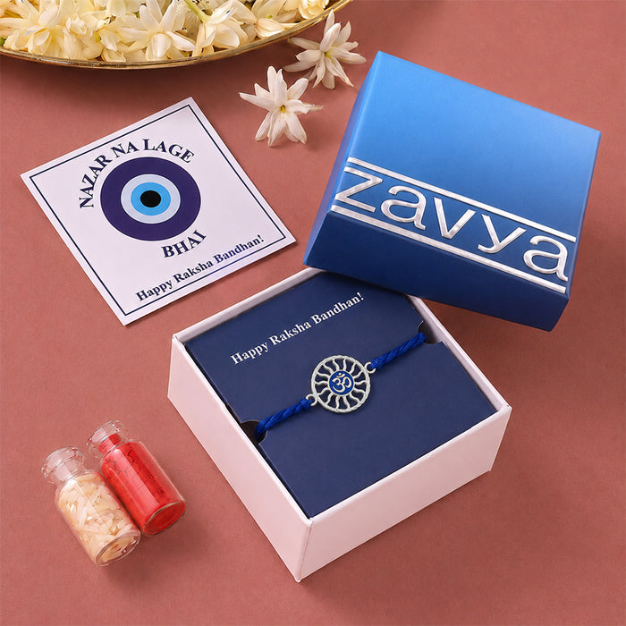 Divine Om Chakra Blue Enamel Silver Rakhi Ferrero Rocher Gift Hamper