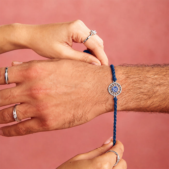Divine Om Chakra Blue Enamel Silver Rakhi Ferrero Rocher Gift Hamper