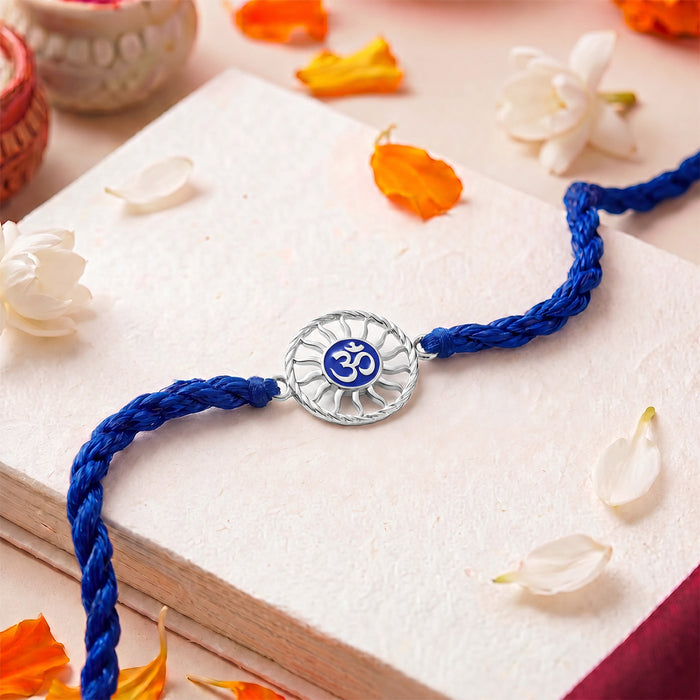 Divine Om Chakra Blue Enamel Silver Rakhi (Zavya Signature)