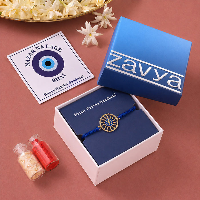 Divine Om Chakra Gold Plated Blue Enamel Silver Rakhi (Zavya Signature)