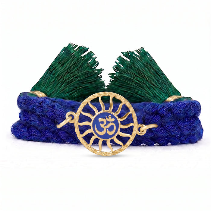 Divine Om Chakra Gold Plated Blue Enamel Silver Rakhi (Zavya Signature)