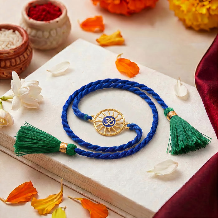 Divine Om Chakra Gold Plated Blue Enamel Silver Rakhi (Zavya Signature)