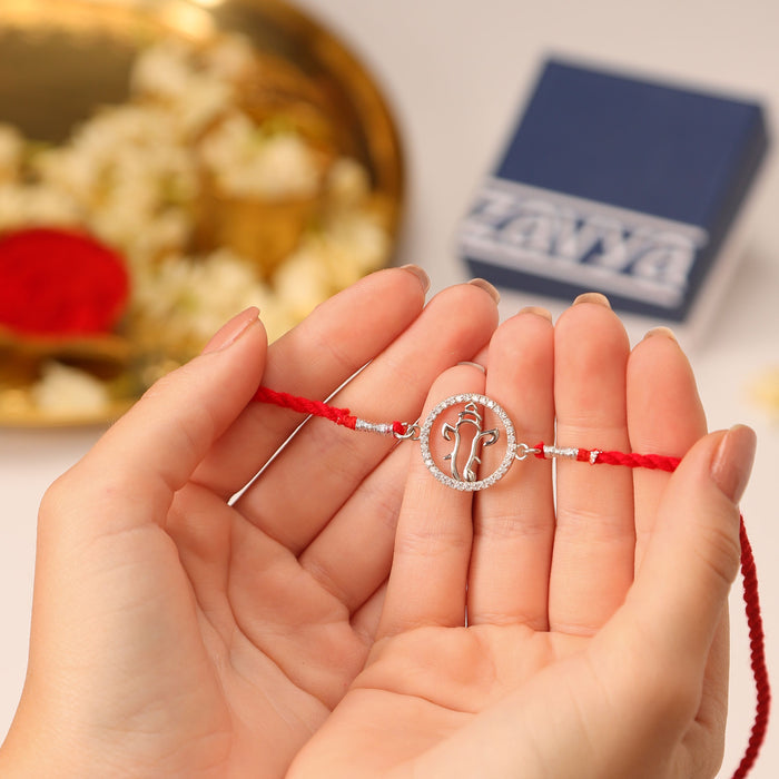 Divine Om With Cubic Zirconia Rhodium-Plated Sterling Silver Thread Rakhi Combo