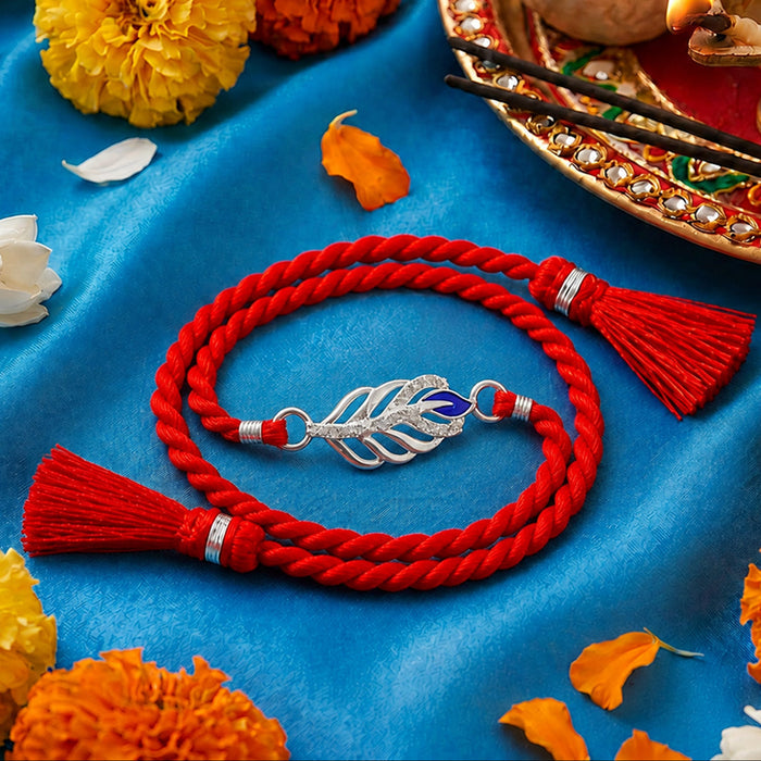Divine Peacock Feather Rhodium Plated Silver Rakhi (Zavya Signature)