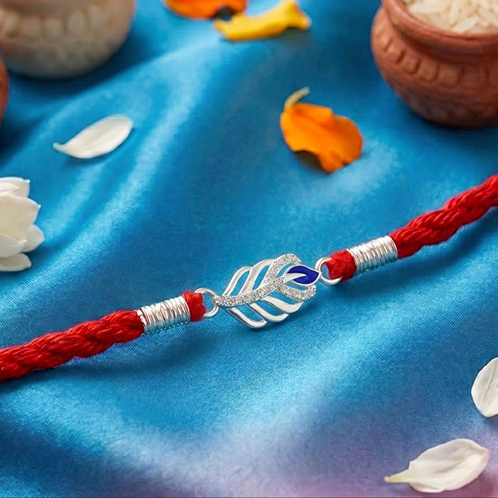 Divine Peacock Feather Rhodium Plated Silver Rakhi (Zavya Signature)
