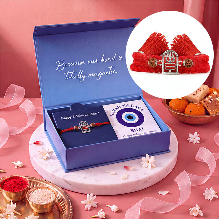 Divine Trishul & Rudraksha Oxidized Red Enamel Silver Rakhi Fridge Magnet Hamper