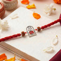 Divine Trishul & Rudraksha Oxidized Red Enamel Silver Rakhi (Zavya Signature)