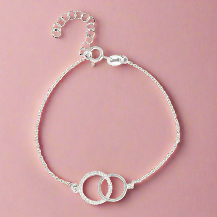 Double Circle CZ Rhodium Plated 925 Sterling Silver Bracelet