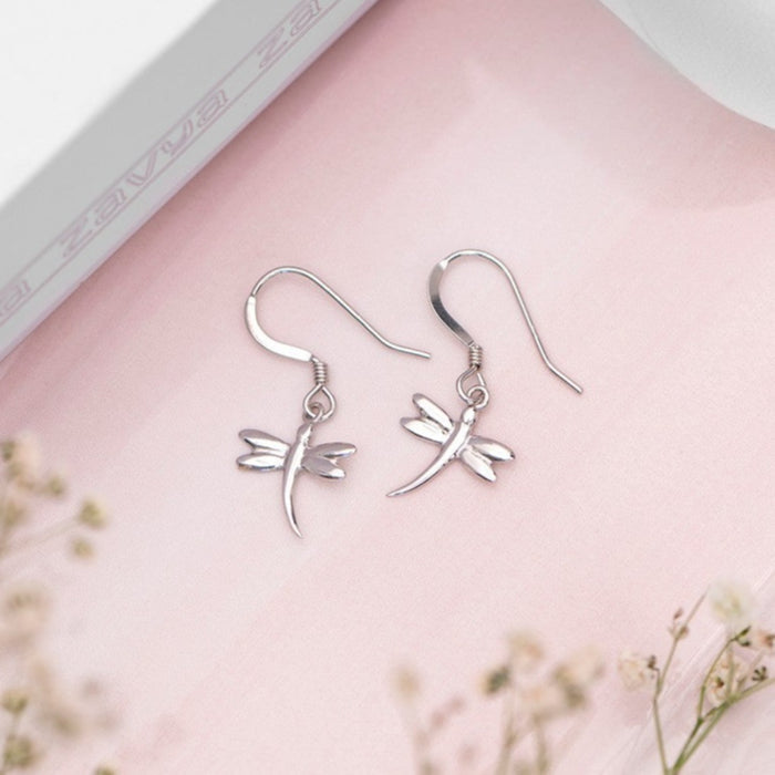 Dragonfly Dangling Rhodium Plated 925 Sterling Silver Earrings