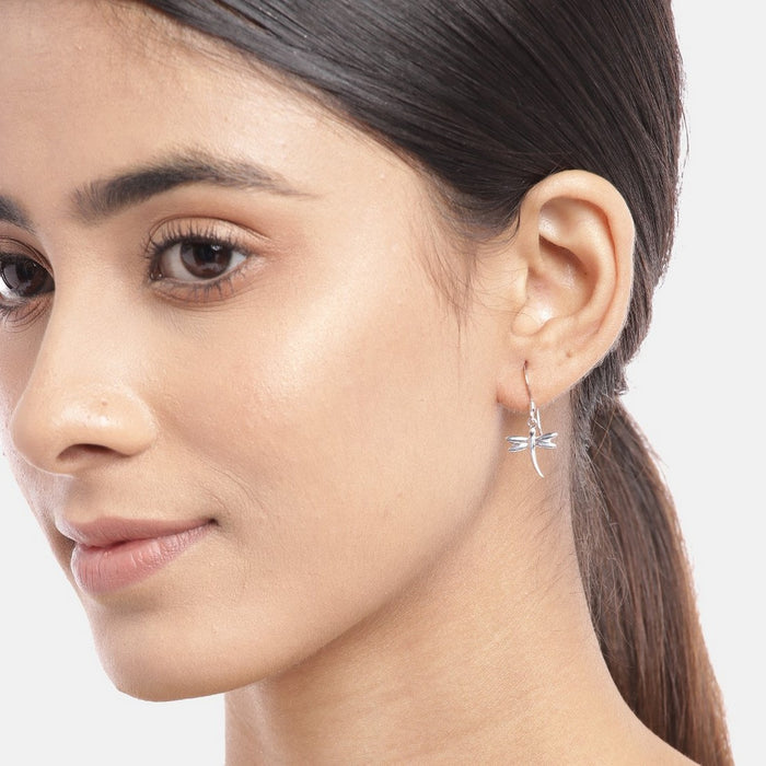 Dragonfly Dangling Rhodium Plated 925 Sterling Silver Earrings