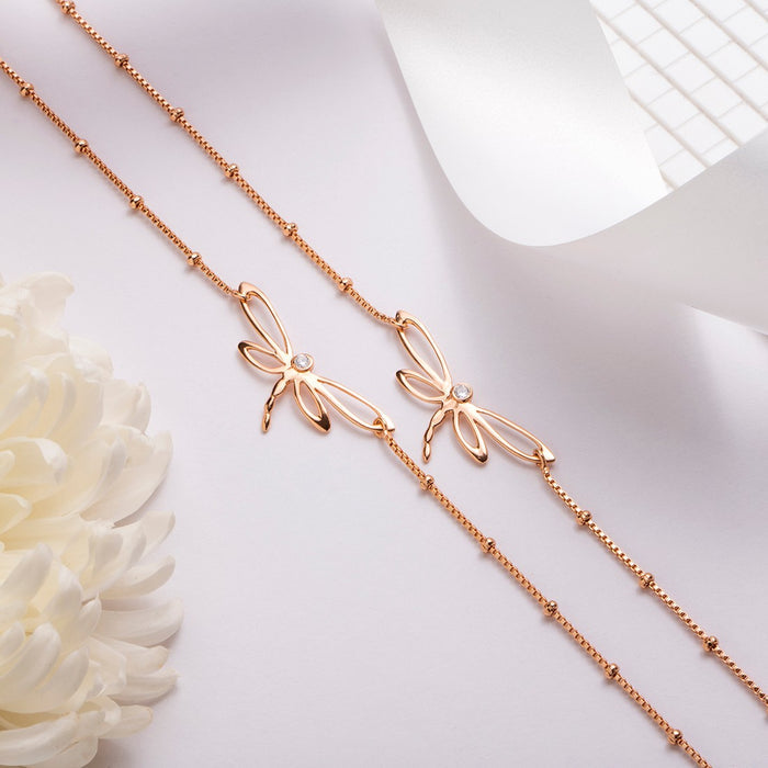 Dragonfly Rose Gold Plated 925 Sterling Silver Chain Anklet with Beads