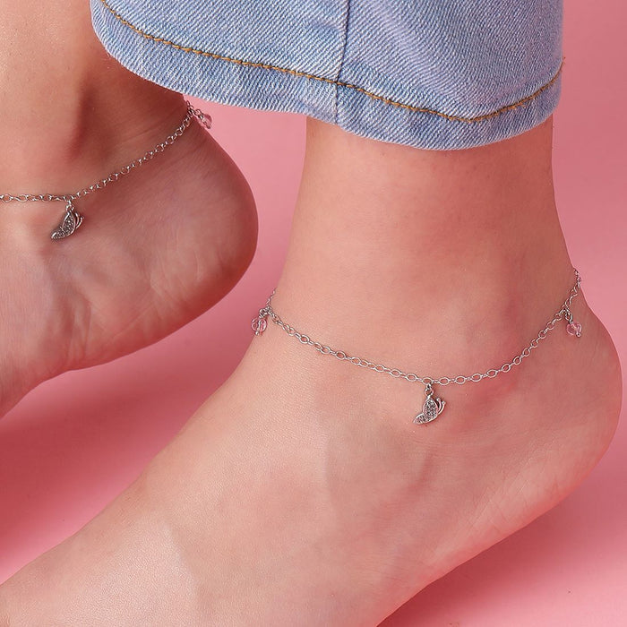 Drop With CZ Rhodium Plated 925 Sterling Silver Chained Anklet