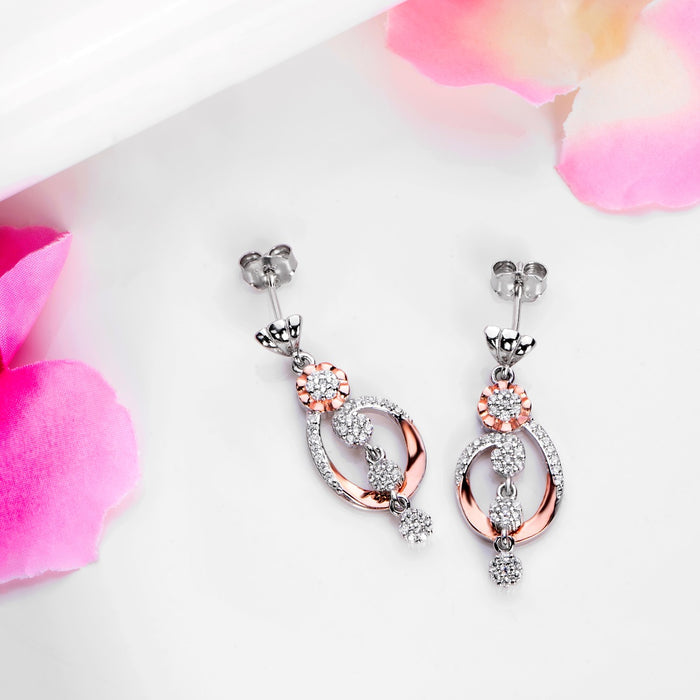 Dual Bloom Harmony CZ Dual-Tone Plated Floral 925 Sterling Silver Earrings