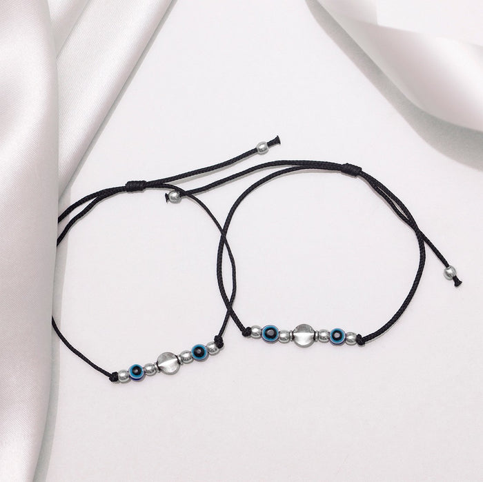 Dual Evil Eye Rhodium Plated 925 Sterling Silver Thread Anklet